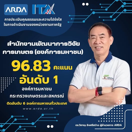 ARDA ผงาด!  คว้าแชมป์องค์การมหาชนโปร่งใสอันดับ 1 กระทรวงเกษตรฯ โชว์คะแนน ITA พุ่ง 96.83 คะแนน  ติด Top 6 องค์การมหาชนทั่วประเทศ